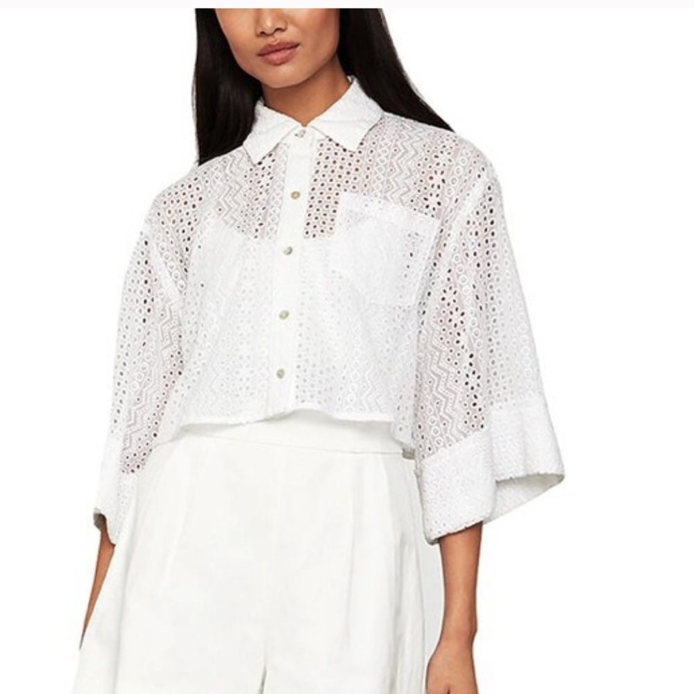BCBGMaxAzria White Collared Eyelet Button-Down Crop Top XL